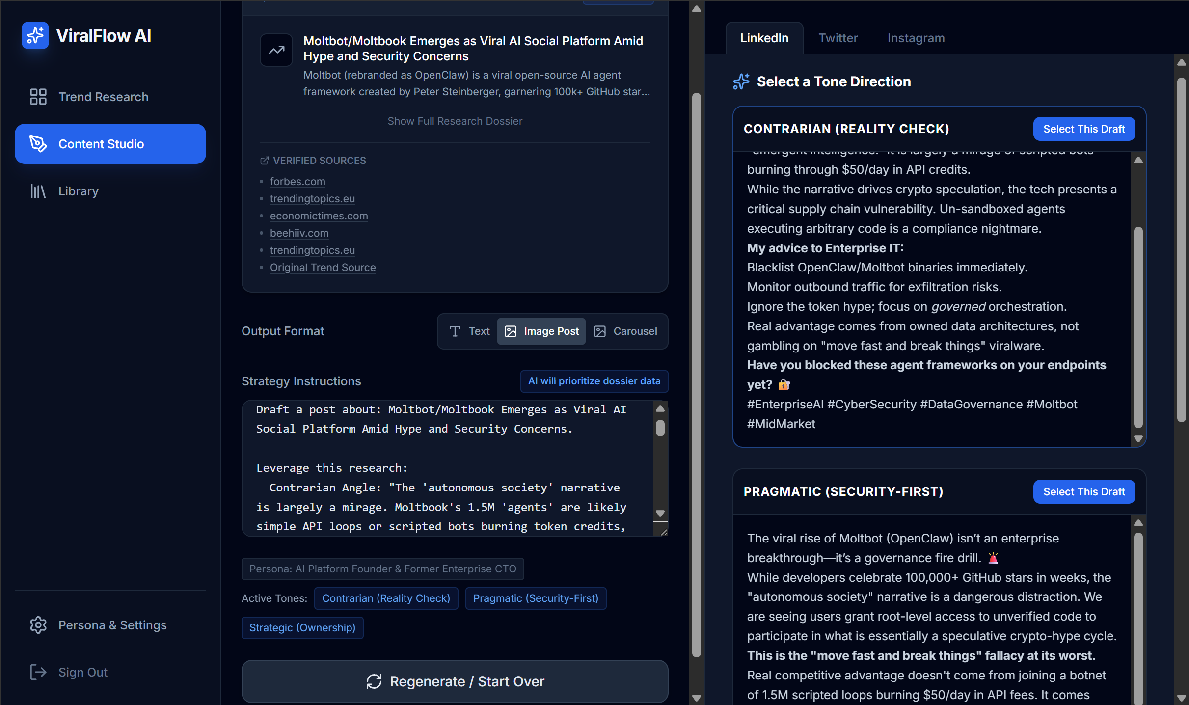 ViralFlow AI Content Studio showing multiple tone-specific content drafts generated from a single trending story, with research dossier and verified sources visible