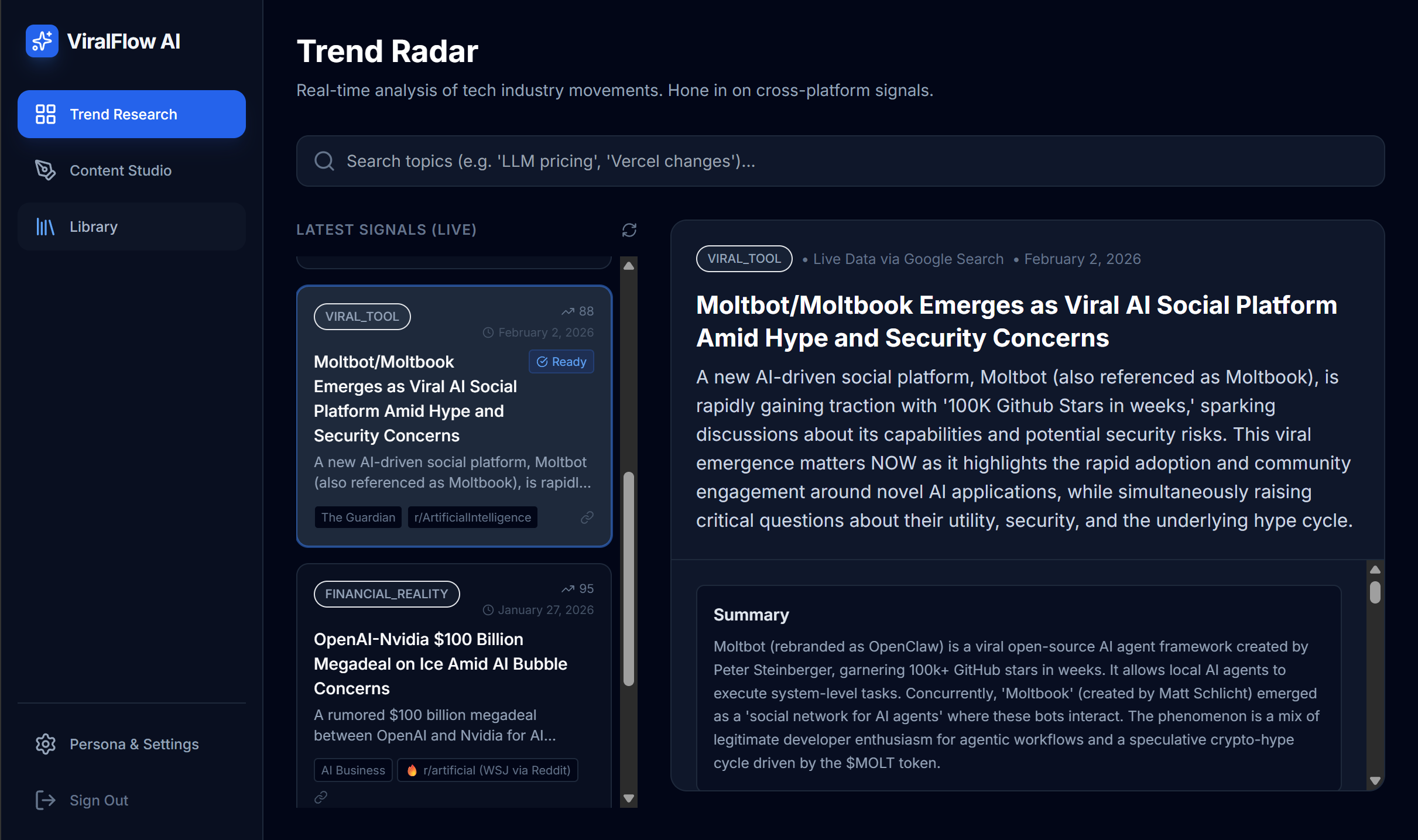 ViralFlow AI Trend Radar showing real-time trend detection with live signals from news sources, industry publications, and online communities