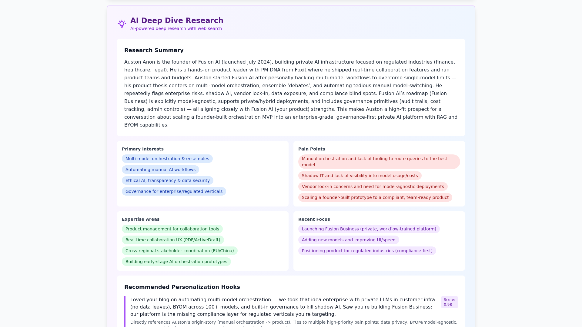 Enriched prospect profile showing AI Deep Dive Research with primary interests, pain points, expertise areas, and recommended personalization hooks